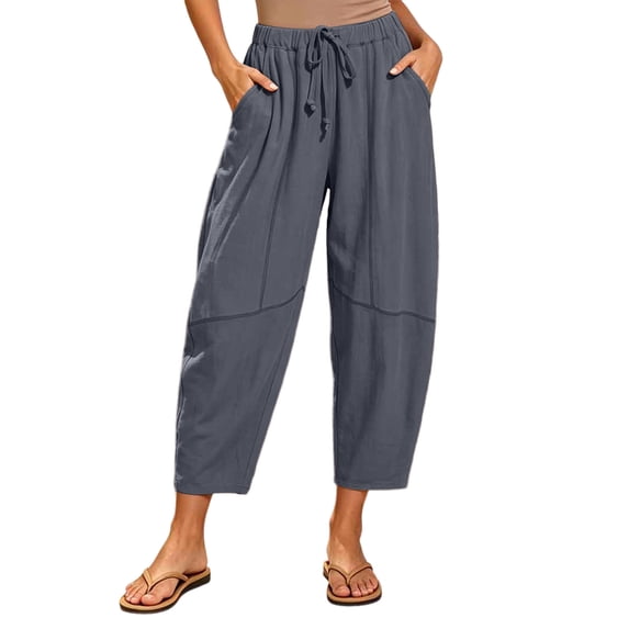 Women's Capri Pants Joggers Lightweight Loose Wide Leg Cropped Harem Trousers with Pocket Drawstring Elastic Waist Lounge Beach Pants Dark Gray