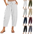 thumbnail image 1 of Women's Capri Pants Joggers Lightweight Loose Wide Leg Cropped Harem Trousers with Pocket Drawstring Elastic Waist Lounge Beach Pants White, 1 of 8