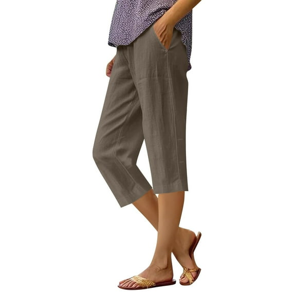 Women's Capri Pants Knee Length Solid Wide Leg Yoga Capris Dressy Casual Summer Crop Pants with Pockets Brown L