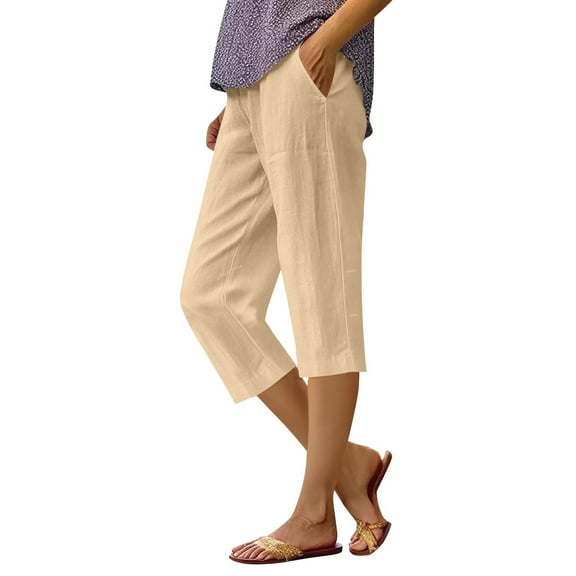 Women's Capri Pants Knee Length Solid Wide Leg Yoga Capris Dressy Casual Summer Crop Pants with Pockets Khaki M