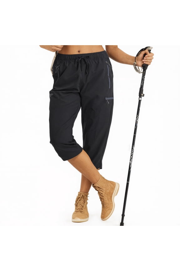 Women's Capri Pants-Lightweight Quick Dry Cargo Hiking Capris Travel Casual Cropped Pants Zipper Pockets Black M