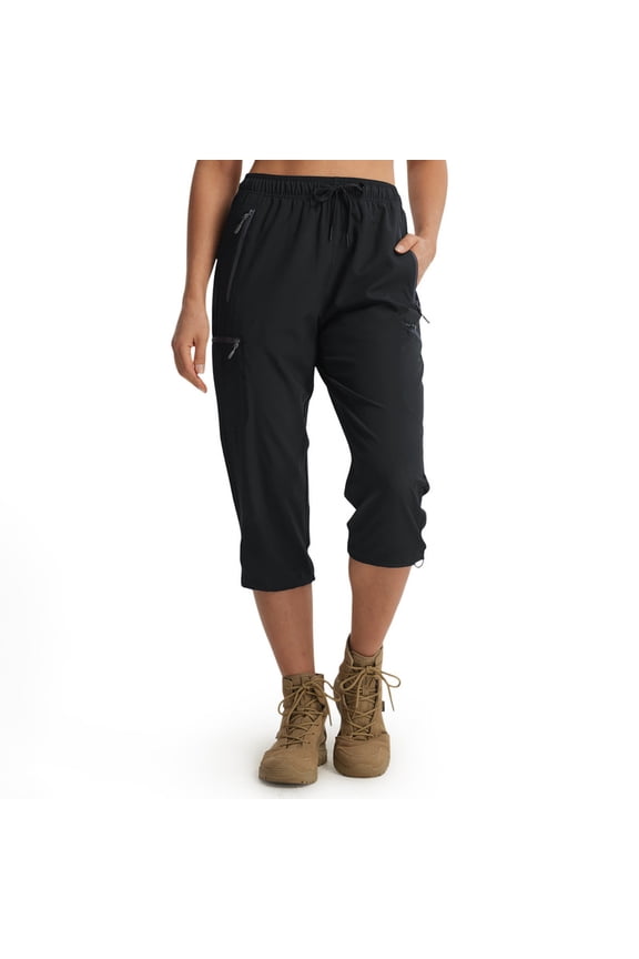Women's Capri Pants-Lightweight Quick Dry Cargo Hiking Capris Travel Casual Cropped Pants Zipper Pockets Black XXL