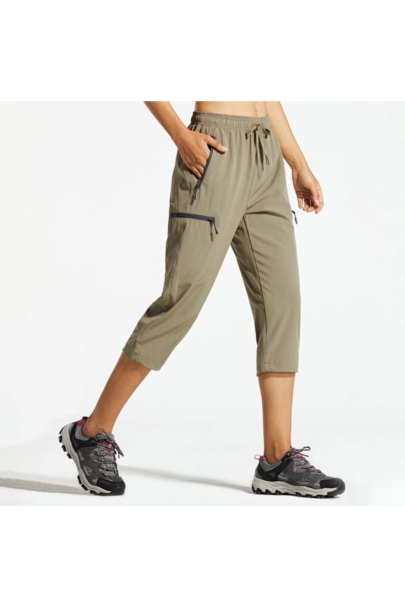 Women's Capri Pants-Lightweight Quick Dry Cargo Hiking Capris Travel Casual Cropped Pants Zipper Pockets Khaki XXXL