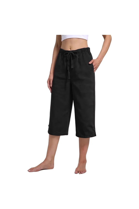 Women's Capri Pants Linen Summer Beach Casual Drawstring Pull On Wide Leg Lounge Palazzo Pant High Waist Trouser with Pockets Black S