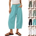 thumbnail image 1 of Women's Capri Pants Linen Summer Beach Casual Drawstring Wide Leg Lounge Palazzo Pant High Waist Trouser with Pockets Mint Green L, 1 of 7