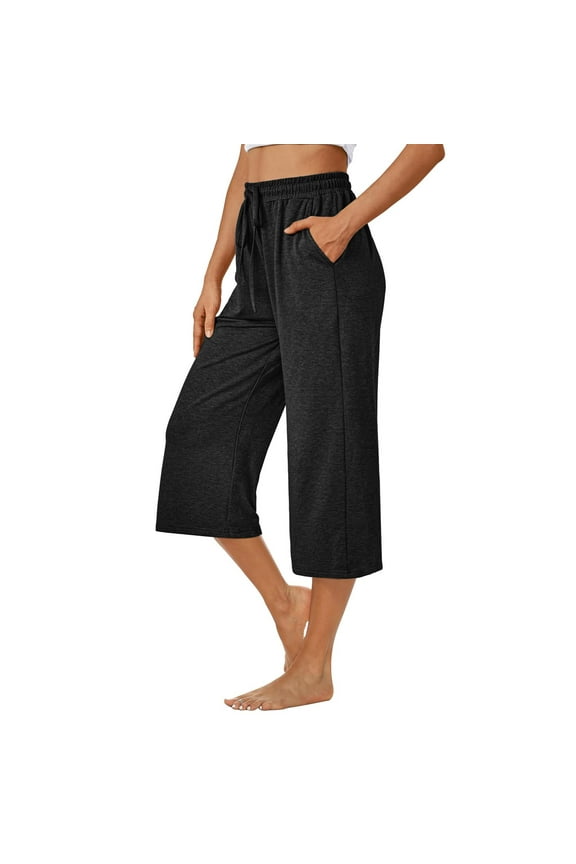 Women's Capri Pants - Loose Fit Wide Leg Summer Yoga Pants with Drawstring & Pockets, Casual Comfy Lounge Cropped Trousers, Soft Workout Sweatpants for Women