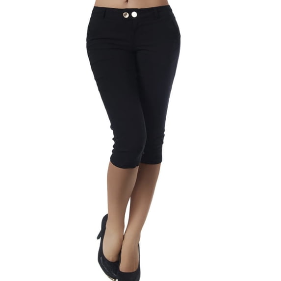 Women's Capri Pants Mid-Rise Stretchy Fitted Office Cropped Pant Pull On Skinny Capris with Zipper and Button