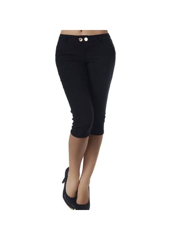 Women's Capri Pants Mid-Rise Stretchy Fitted Office Cropped Pant Pull On Skinny Capris with Zipper and Button
