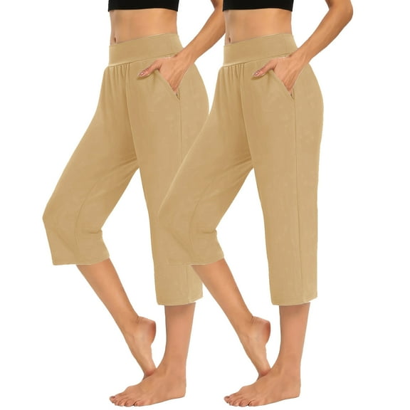 Women's Capri Pants Plus Size, Xunlbb 2PCS Solid Elastic Waist Pocket Cropped Pants Casual Stretchy Stylish Pants For Spring Summer Women's Clothing(Khaki,S)