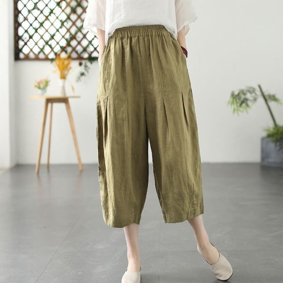 Women's Capri Pants Plus Size, Xunlbb Ladies' Fashionable Solid Color Loose Elastic Waisted Lantern Pants Cotton And Linen Women's Pants Cropped Pants(Coffee,L)