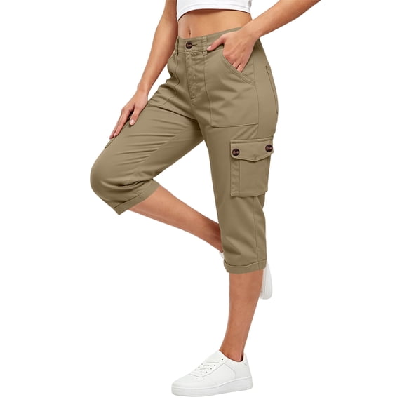Women's Capri Pants Travel Hiking Straight Leg Joggers Casual Summer Drawstring Cropped Pants with Pockets Khaki XL