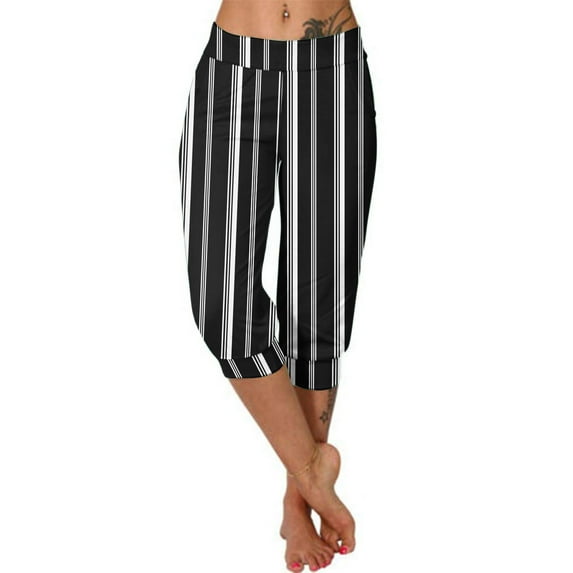 Women's Capri Pants with Pockets Drawstring Elastic Waist Striped Cropped Trousers Summer Beach Pants Black XXL