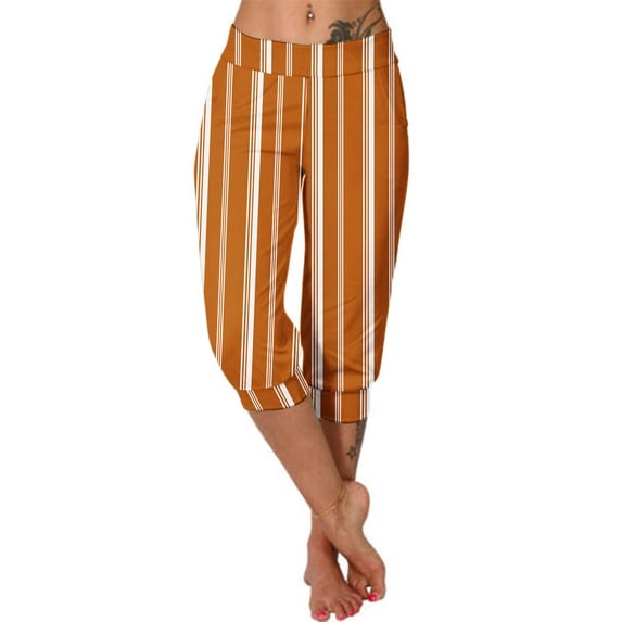 Women's Capri Pants with Pockets Drawstring Elastic Waist Striped Cropped Trousers Summer Beach Pants Orange M