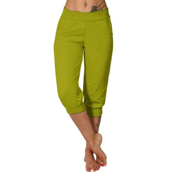 Women's Capri Pants with Pockets High Waist Loose Fit Casual Cropped Trousers Comfy Summer Beach Yoga Pants Army Green S