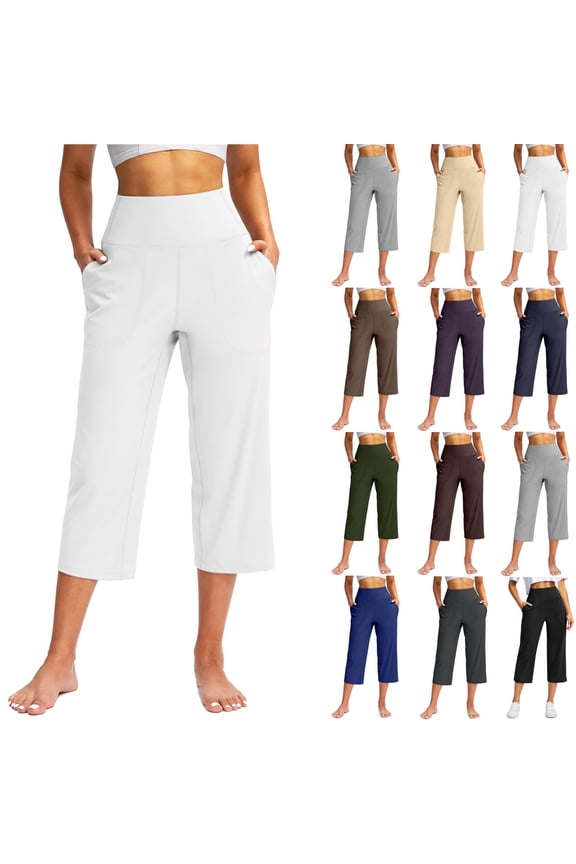 Women's Capri Pants with Pockets High Waist Yoga Pants Wide Leg Workout Summer Pants for Casual, Travel, Exercise White S
