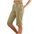 thumbnail image 1 of Women's Capri Pants with Pockets Plus Size Elastic Waist Straight Leg Side Slit Women Casual Loose Lightweight Drawstring Pants Khaki M, 1 of 4