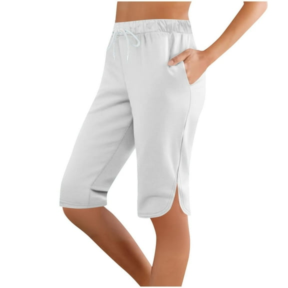 Women's Capri Pants with Pockets Plus Size Elastic Waist Straight Leg Side Slit Women Casual Loose Lightweight Drawstring Pants White XL