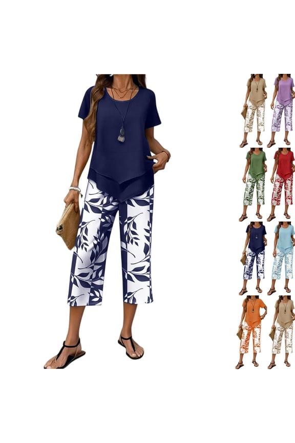 Women’s Capri Sets 2 Piece Outfits, Casual Summer Wide Leg Crop Pants and Top Matching Set,Navy,S