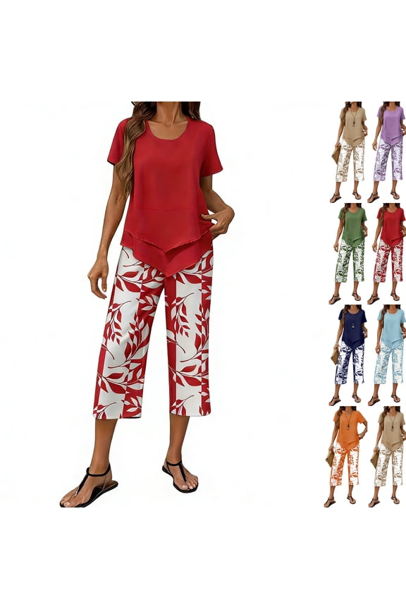 Women’s Capri Sets 2 Piece Outfits, Casual Summer Wide Leg Crop Pants and Top Matching Set,Red,M
