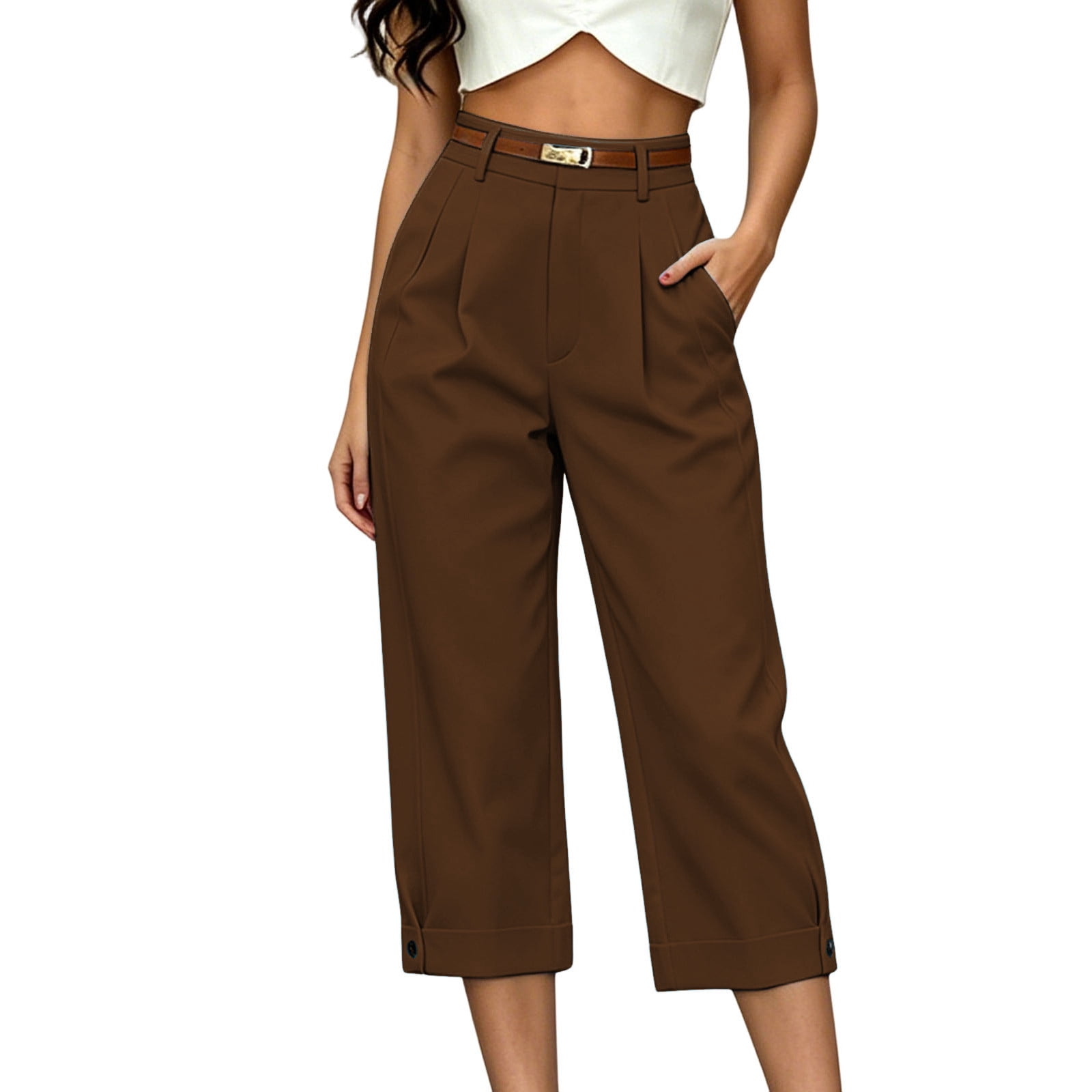 brown capri dress pants Women's Suit Trousers High Waist Pleated Cropped Wide Leg with Pockets Business Casual office Work Cropped Pants BLACK:BLACK these capris feature a SHOW ME YOUR MUMU antique wood cupboard