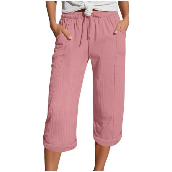 Women's Capri Sweatpants Drawstring Elastic Waist Solid Color Loose Comfy Wide Leg Pants Sport Casual Crop Trouser Pink Medium