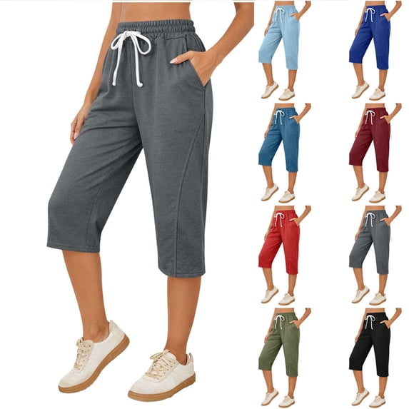 Women's Capri Sweatpants Drawstring Elastic Waist Solid Wide Leg Loose Fit Casual Summer Capri Pants (XL, Gray)