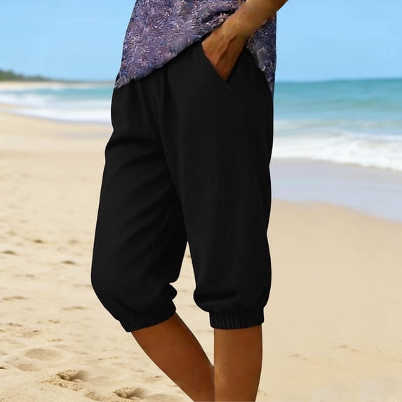 Women's Capri Sweatpants Straight Leg Cropped Joggers Pants with Pockets Black XL