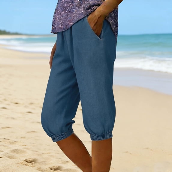 Women's Capri Sweatpants Straight Leg Cropped Joggers Pants with Pockets Light Blue XXL