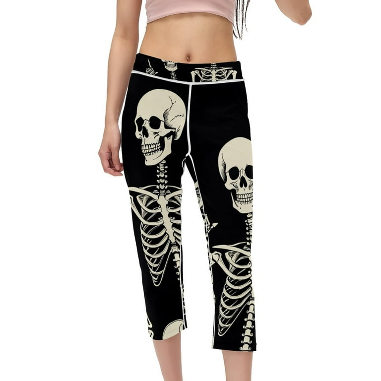 Women s Capri Yoga Pants High Waisted Legging for Workout Halloween Black Skull Peace and Love Rock and Roll Walmart