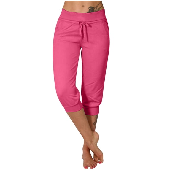 Women's Capri Yoga Pants Solid Color Drawstring Elastic Waist High Elasticity Exercise Sweatpants With Side Pockets (L, Hot Pink)