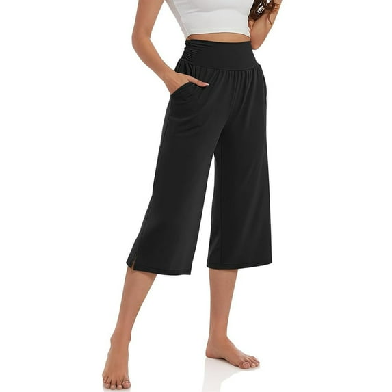 Women's Capri Yoga Pants Wide Leg Yoga Pants High Waisted Side Slit Joggers Casual Loose Lounge Sweatpants with Pockets