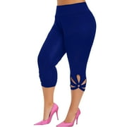 QILAKOG Women's Capri Yoga Pants with Pockets Plus Size Workout Out Leggings Stretch Waist Button Pocket Yoga Gym Cropped Trousers Blue XL