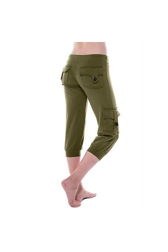 Women's Capri Yoga Pants with Pockets Workout Out Leggings Stretch Waist Button Pocket Yoga Gym Cropped Trousers Green XXXXL