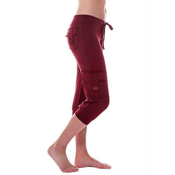 Women's Capri Yoga Pants with Pockets Workout Out Leggings Stretch Waist Button Pocket Yoga Gym Cropped Trousers Wine XL