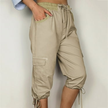Women's Capris Clearance Overalls Capri Pants Lightweight High Waist Loose Capris Drawstring Straight Stretch Sweatpants Khaki L
