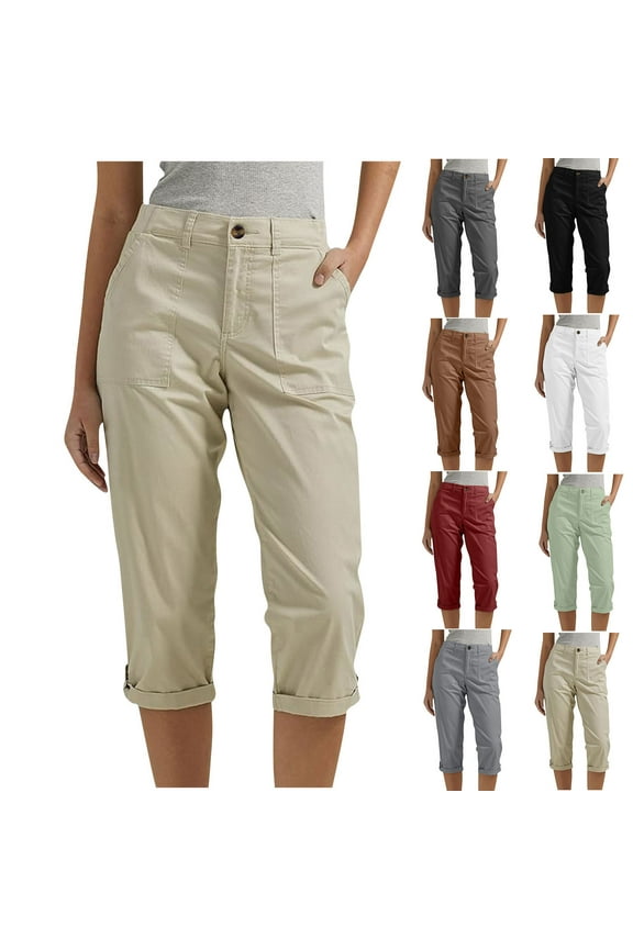 Women's Capris High Waist Cargo Pants with Front & Back Pockets Button Rolled Hem Summer Casual Capri Pant (S, Khaki)