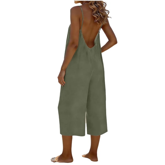 Women's Capris Jumpsuits Solid Color Adjustable Spaghetti Strap Rompers Backless Wide Leg Long Pants Overalls with Pockets Beach Vacation Outfits