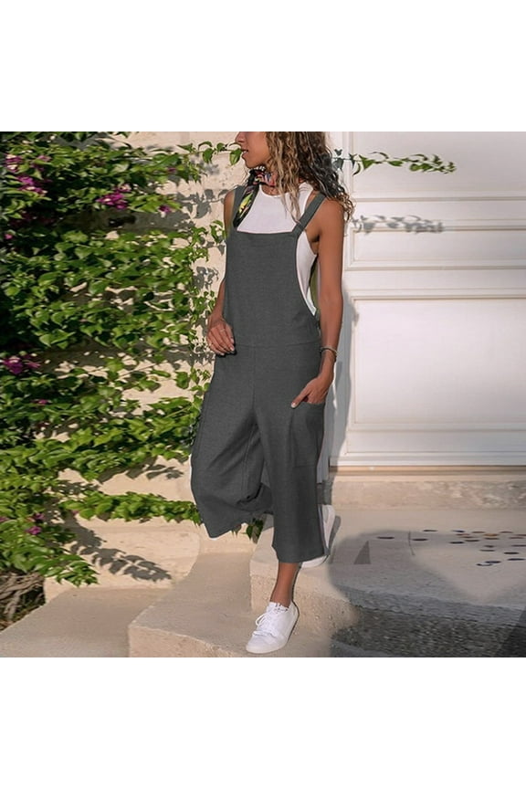Women's Capris Overalls Cotton Linen Sleeveless Straps Long Jumpsuits with Pockets for Summer Casual Streetwear Dark Gray 4XL