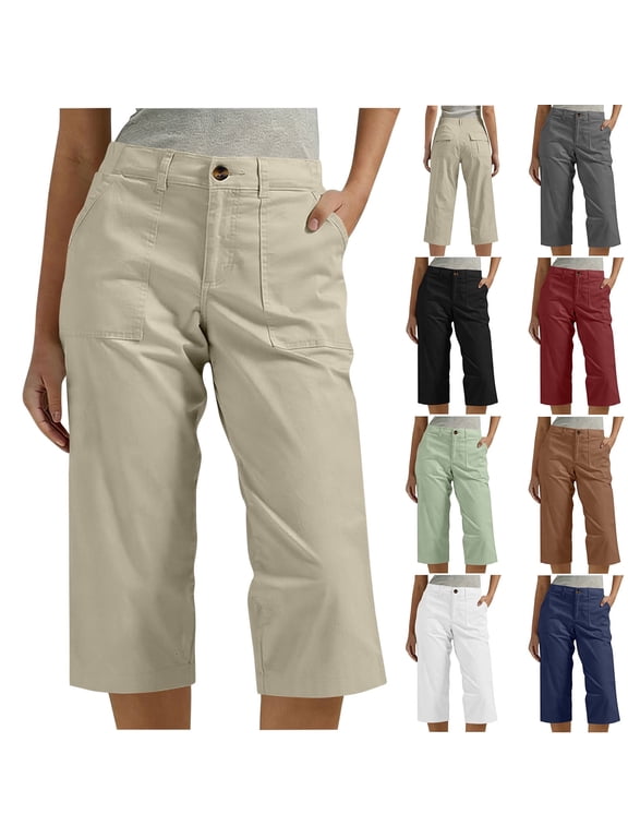 Women's Capris Pants Back Elastic Waisted Straight Leg Bermuda Long Cargo Shorts for Women with 4 Pockets (L, Beige)