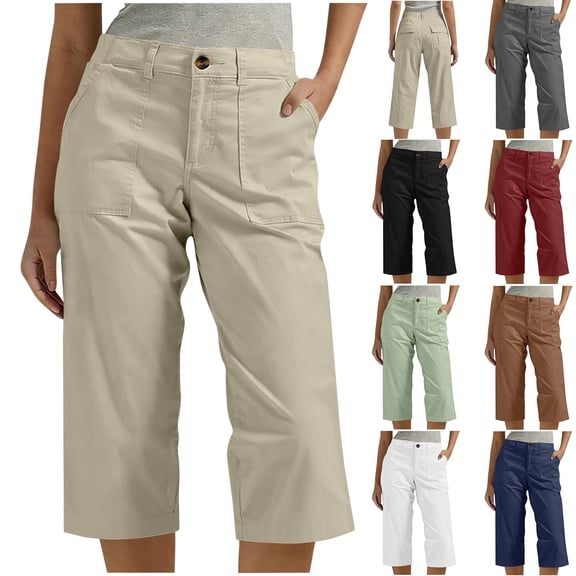 Women's Capris Pants Back Elastic Waisted Straight Leg Bermuda Long Cargo Shorts for Women with 4 Pockets (XL, Beige)