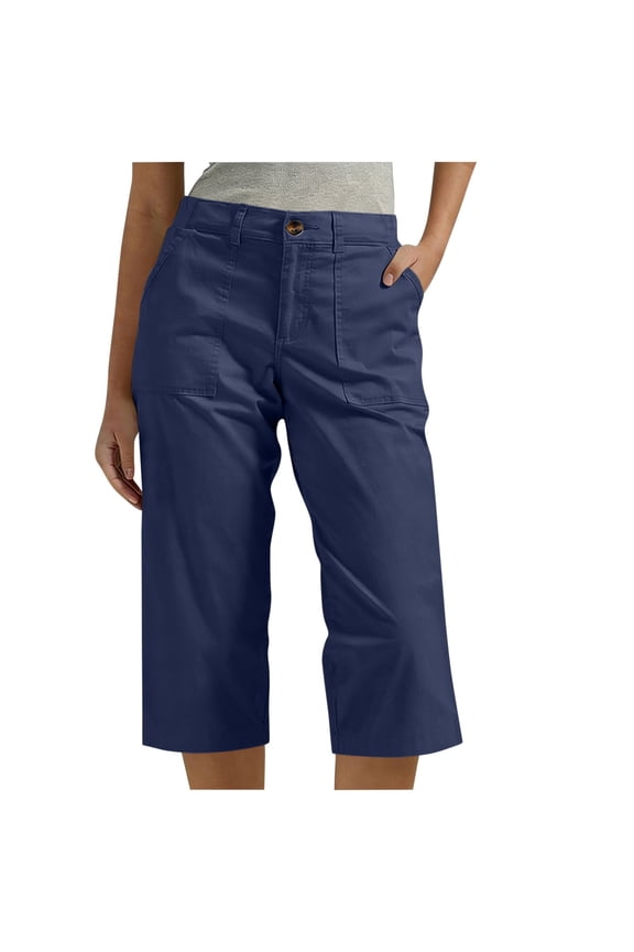 Women's Capris Pants Back Elastic Waisted Straight Leg Bermuda Long Cargo Shorts for Women with 4 Pockets (XL, Navy)