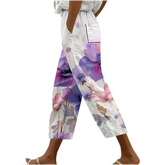 Women's Capris Pants Casual Tie Elastic Waist Print Trousers with Pocket Loose Harem Hem Fashion Bottoms, Purple, M