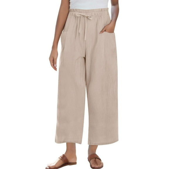Women's Capris Pants Cotton Linen Elastic Waisted Solid Color Casual Loose Beach Wide Leg Trousers with Pocket Beige 3XL