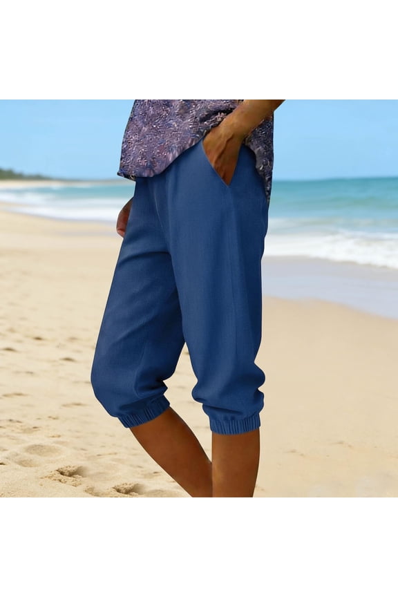 Women's Capris Pants Loose Fits Droop Elastic Waist Denim Like Capris Pants Womens Summer Casual Solid Plus Size Stretchy Slim Fits Comfy Tapered Leg Pant