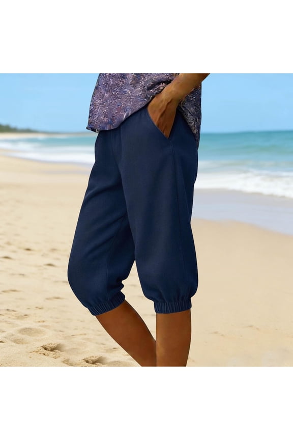 Women's Capris Pants Loose Fits Droop Elastic Waist Denim Like Capris Pants Womens Summer Casual Solid Plus Size Stretchy Slim Fits Comfy Tapered Leg Pant