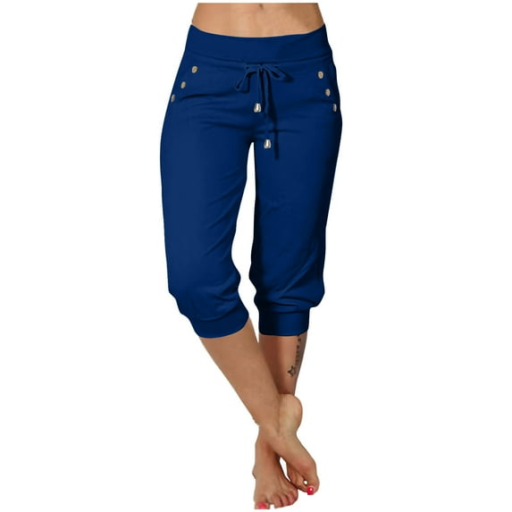 Women's Capris Pants Low Waist Hiking Athletic Casual Capri Pants Tapered Leg Summer Drawstring Cargo Sweatpants (2XL, Dark Blue)