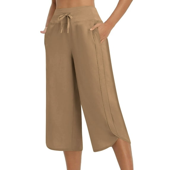 Women's Capris Pants Wide Leg Elastic Waist Drawstring Yoga Pants with Pockets Summer Hiking Sport Loose Trousers ,Beige,L
