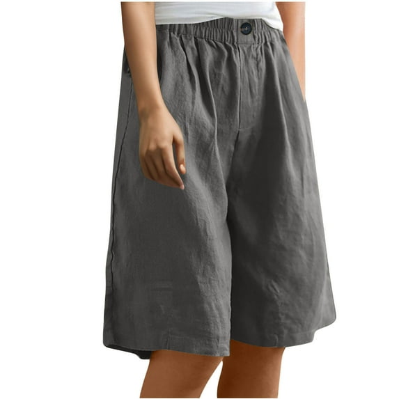 Women's Capris Pants Women's Summer Cotton Linen Shorts, Loose Fitting Bermuda Shorts, Elastic Waist Knee Length Baggy Shorts, Beach Vocation Short Pants with Pocket Dark Gray M