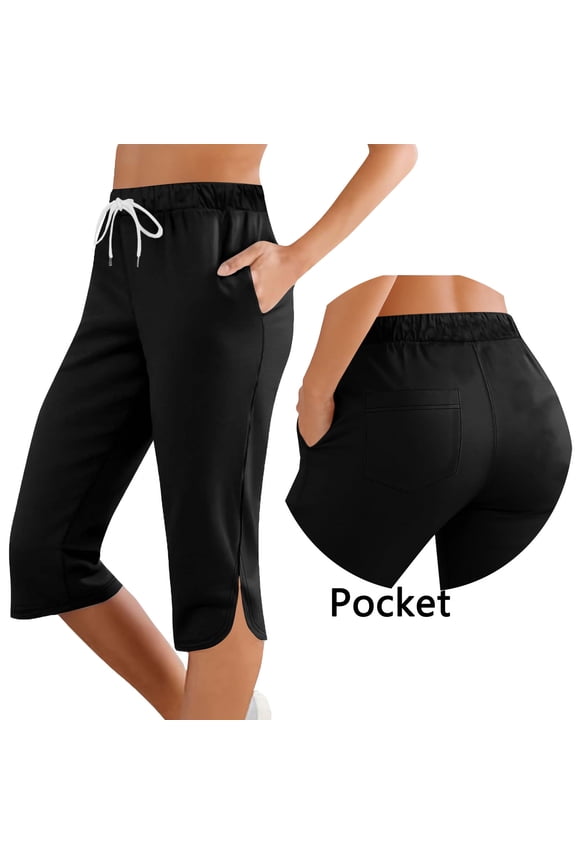 Women's Capris, Solid Color Elastic Waist Sports Casual Capris Pants With Side Pockets for Women, Drawstring Waist Cropped Pants with Back Pocket and Side Slit, Casual Wear