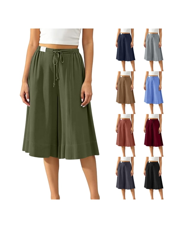 Women's Capris Wide Leg Pants Cropped Palazzo Trousers Casual Loose Fit Elastic Drawstring Waist Culottes Beach Summer Pants with Pockets